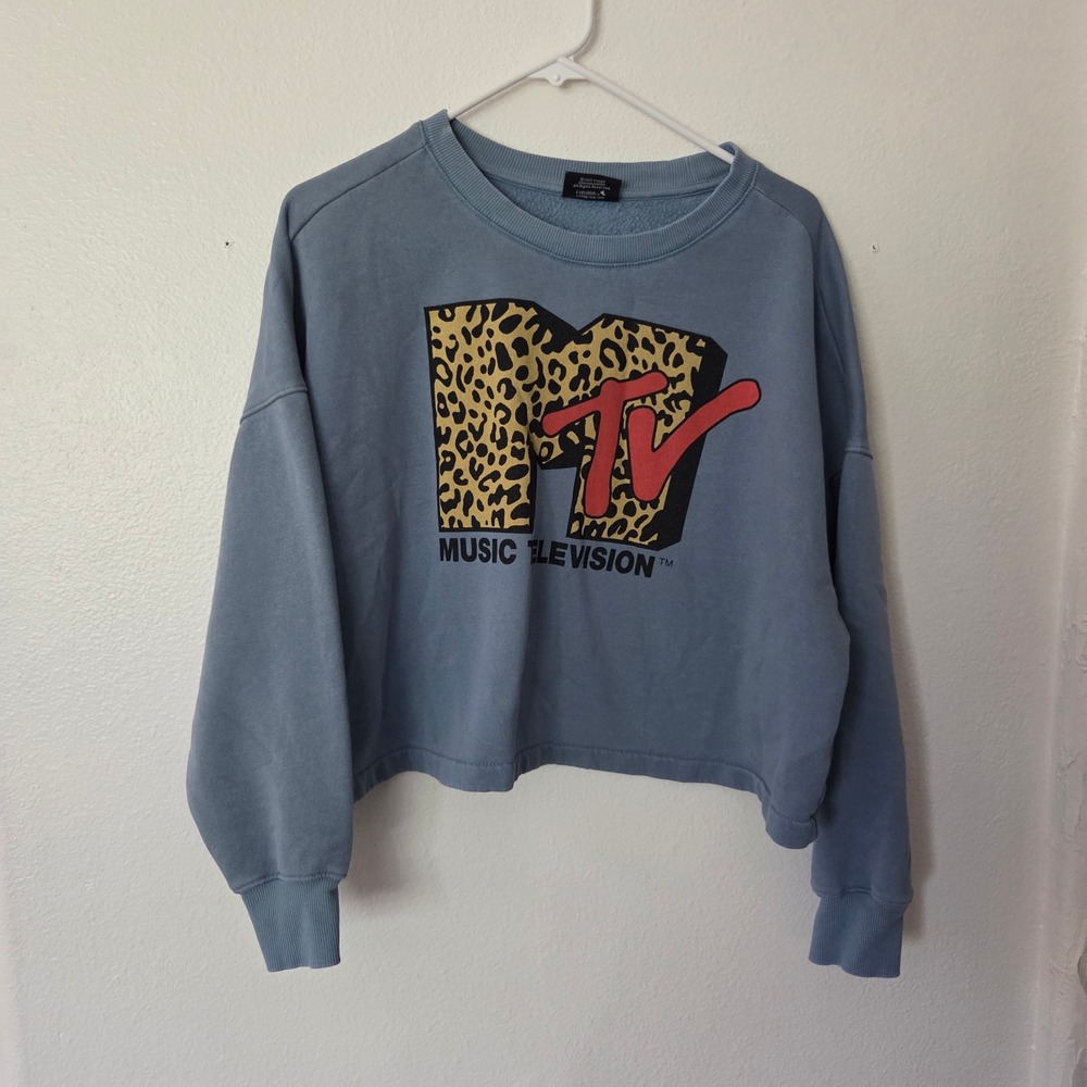 Old Navy MTV Graphic Sweatshirt Blue Cropped Pullover Cheetah Leopard Y2K Medium